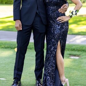 Elegant Navy Sequin Gown with Slit